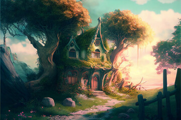 Wall Mural - Fairytale forest, magic dreamy forest, digital illustration