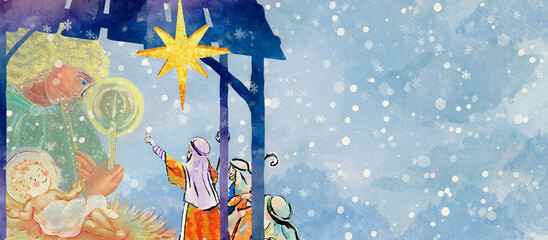 Nativity scene with Child Jesus, Angel and shepherds. Watercolor greeting card