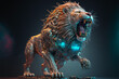illustration of cyborg lion roar with light glow