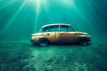 An Old Car Submerged In The Seabed, Lit Up By Sunlight Coming Through The Surface Of The Water. Perfect For Illustrating The Aftermath Of An Automotive Accident.