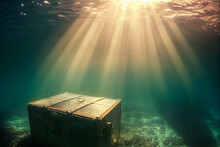An Ocean Submerged Safe Resting On The Ocean Floor, Giving A Mysterious And Vintage Atmosphere. Ideal For Treasure Hunt Themes Or Graphic Illustrations.