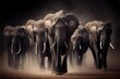  a herd of elephants walking down a dusty road in the dark with dust coming from the back of them. Generative AI
