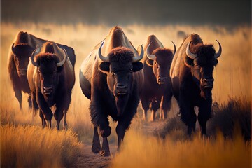 Poster -  a herd of bison walking across a dry grass field in the sun light of the day. Generative AI