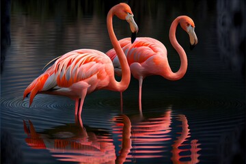  two flamingos are standing in the water together. Generative AI