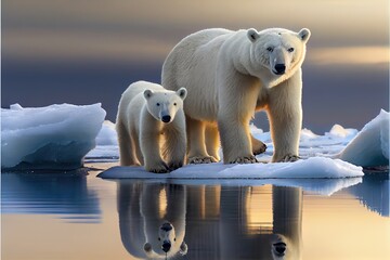  a polar bear and her cubs on an ice floer with a sunset in the background and a cloudy sky. Generative AI