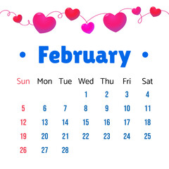 February 2023 Calendar. February 2023 Calendar vector illustration with cute hearts. Calendar Vector Template, Simple Minimal Design. Calendar Template For February 2023.