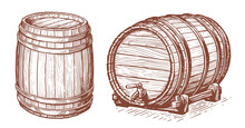 Cask Or Wooden Barrel For Storing Alcohol Sketch. Hand Drawn Illustration In Vintage Engraving Style