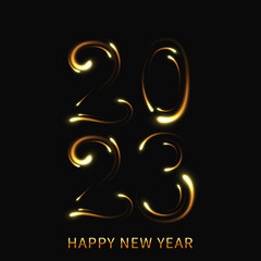 Wall Mural - Happy 2023 New Year. Golden glowing lines. Vector light effect