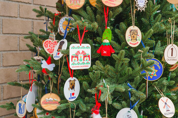 Wall Mural - Christmas in Solvang. Close-up of ornaments on a Christmas tree. Solvang is a California popular small town with traditional Danish-style architecture