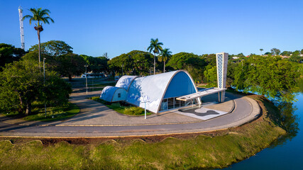 Lagoa da Pampulha, in Belo Horizonte, overlooking the Church of São Francisco de Assis and Guanabara Park. Minas Gerais Brazil. Aerial view