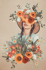 Abstract art collage of young woman with flowers