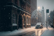 Samochód jadący przez zaśnieżoną ulicę
