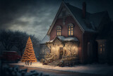 Duża choinka stojąca przed domem zimą
