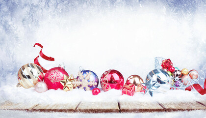 Wall Mural - christmas holidays scenic background with wooden table and christmas decoration.