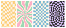 Groovy Hippie 70s Vector Backgrounds Set. Chessboard And Twisted Patterns. Backgrounds In Trendy Retro Trippy StyleTwisted And Distorted Vector Texture In Trendy Retro Psychedelic Style