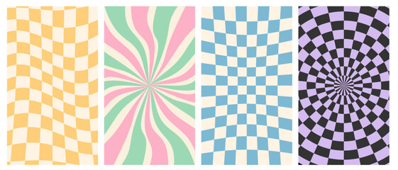 Wall Mural - Groovy hippie 70s vector backgrounds set. Chessboard and twisted patterns. Backgrounds in trendy retro trippy styleTwisted and distorted vector texture in trendy retro psychedelic style