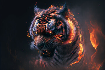 Wall Mural - Epic cinematic portrait of a tiger filled with equal parts mysterious smoke and ethereal fire