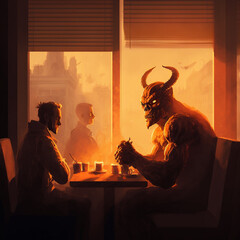 Wall Mural - Deal with satan in coffee shop