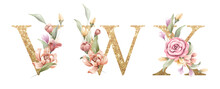 Golden Alphabet Set Of V, W, X, With Flowers And Leaves Watercolor For Logo, Wedding Invitation, Card, Branding, Initial, Other Concept Ideas. 