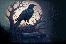Stylized Raven In Graveyard Silhouetted By Moonlight