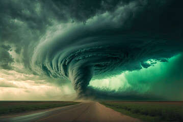 a large tornado, green sky. generative ai