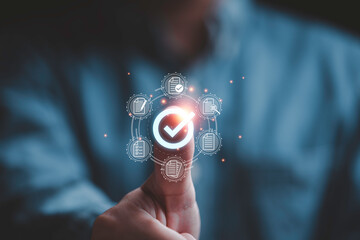 Fototapete - Businessman hand thumb up and  virtual correct sign or tick mark with document icon for approve quality assurance and guarantee concept.