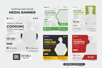 Wall Mural - Chef training class social media post bundle for the restaurant. Cooking lesson promotional poster collection design for marketing. Cooking class discount template set with dark and yellow colors.