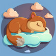 Cute Squirrel Sleep on a Cloud. KAWAII Stylish Comic Stamp. Flat Minimalist Design Art. For UI, WEB, Novel, Game, AD, Poster
