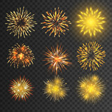 Fototapeta Kuchnia - Diwali firework. Light sparkle. New Year fire explosion. Victory salute. Christmas flashes. Holiday celebration. Realistic pyrotechnic burst elements set. Vector illustration background
