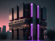 A brutalist architecture sci fi building with purple lights at night.