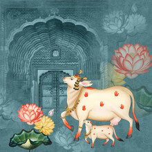 Indian Pichwai Art Illustration Cow And Calf Painting