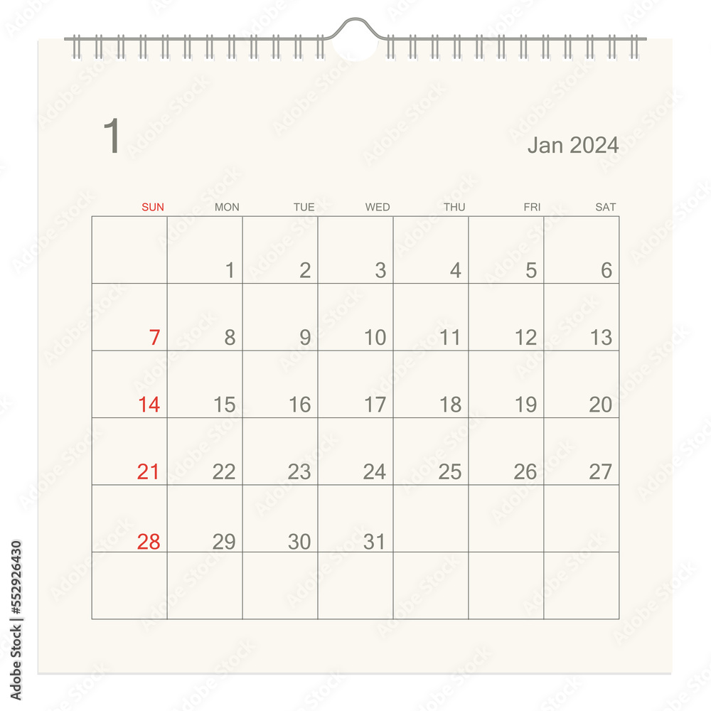 January 2024 calendar page on white background. Calendar background for ...