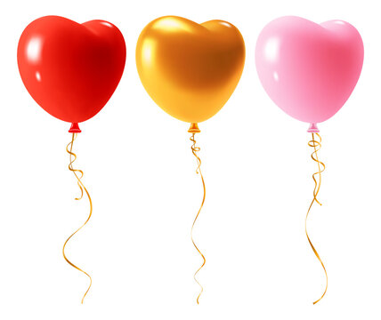 Collection of colorful, glossy and shiny heart shape balloons with golden ribbon. Suitable for Valentine's Day, Mother's Day, wedding or other event decoration. Vector 3d cartoon illustration