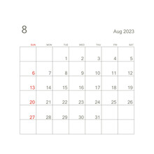 August 2023 Calendar Page On White Background. Calendar Background For Reminder, Business Planning, Appointment Meeting And Event. Week Starts From Sunday. Vector.