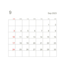 September 2023 Calendar Page On White Background. Calendar Background For Reminder, Business Planning, Appointment Meeting And Event. Week Starts From Sunday. Vector.