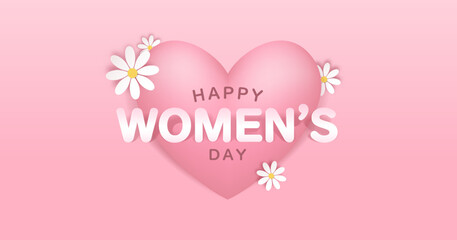 Wall Mural - International Women's Day graphic. Happy Women's Day text on realistic pink heart, decorated with white paper cut flowers.