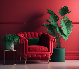 Wall Mural - Creative interior design on red background with red armchair. generative ai