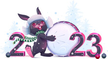 2023 Year Of Black Rabbit Christmas Greeting Card. Cute Hare In Hat Beats Drum