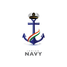 Indian Navy Concept Poster, Banner Design. Navy Officer, Soldier Cap, Anchor, And Indian Flag Wave On Isolated Background, Navy Warships, Wishing Greeting Card. Beautiful Calligraphy Of  Navy Day. 