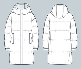 Wall Mural - Unisex Puffer Coat technical fashion Illustration. Hooded quilted padded Down Jacket technical drawing template, long sleeve, pockets, front and back view, white, women, men, unisex CAD mockup.