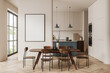 © ImageFlow - Light kitchen interior with dining and cooking space near window. Mockup frame