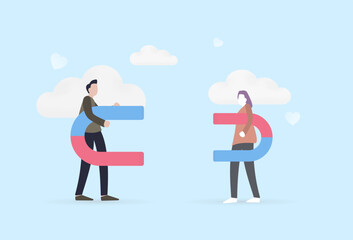 man and woman attraction concept metaphor. tension between people. cartoon man and woman couple hold