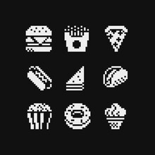 Fast Food Pixel Art 1-bit Icons Set, Black And White Emoji, Burger, Fries, Fries, Pizza, Hot Dog, Pita, Donut And Ice Cream. Design For Logo, Sticker And Mobile App. Isolated Vector Illustration.
