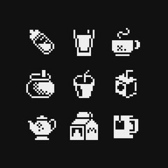 Wall Mural - Food and drink pixel art 1-bit icons set, black and white emoji, glass of milk, paper bag, juice, kettle, tea and coffee. Design for logo, sticker and mobile app. Isolated vector illustration.