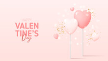 Happy Valentine's Day Banner. Vector Illustration With Pink Lollipops And Hearts. Holiday Decoration Design With 3d Elements And Golden Confetti For Valentine's Day. 3d Holiday Banner.