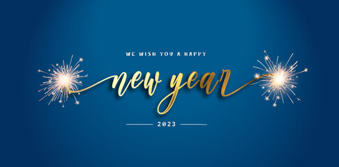 We wish you Happy Holidays 2023 banner. modern design, new updated handwritten gold lettering with white blue 2023 year background and sparkle firework