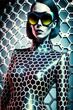 futuristic woman with big glasses and colorful abstract patterned clothes, abstract, colorful, shimmering, fashion,fictional person made with generative ai