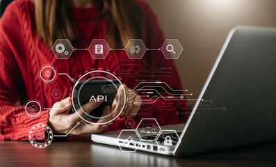 Wall Mural - api application programming interface, woman using laptop, tablet and smartphone with virtual screen