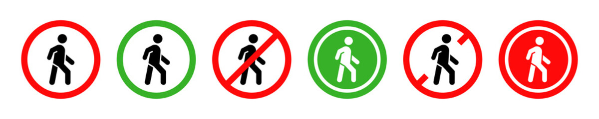 Set of no walking person area vector signs. No entry for person. Restricted access for people. Red prohibition signs. 