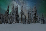 Fototapeta Na ścianę - winter forest in the night with northern lights and milky way